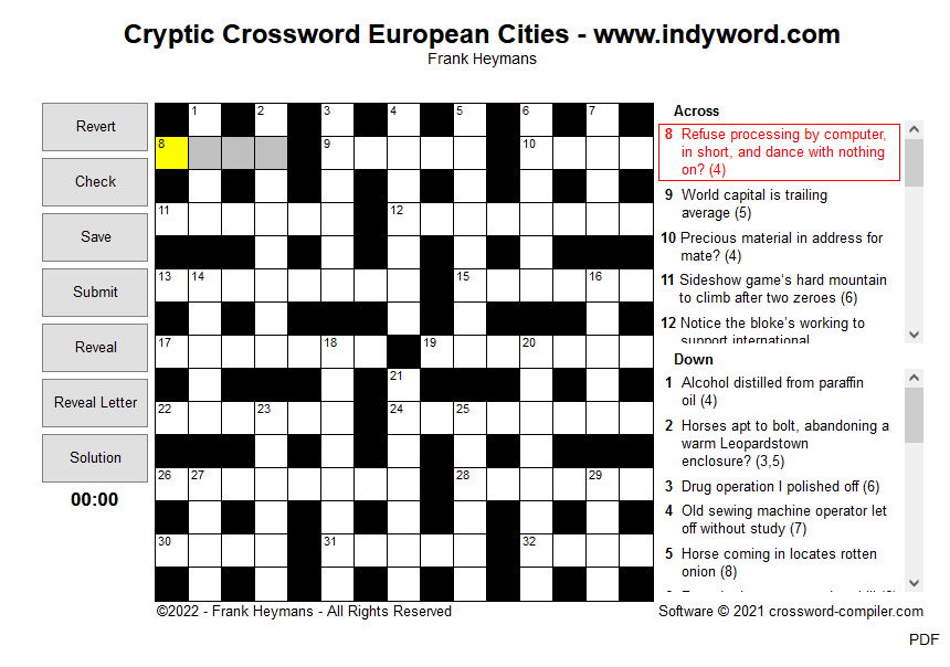 Cryptic Crossword European Cities by Frank Heymans - www.indyword.com