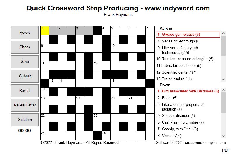Quick Crossword Stop Producing by Frank Heymans - www.indyword.com