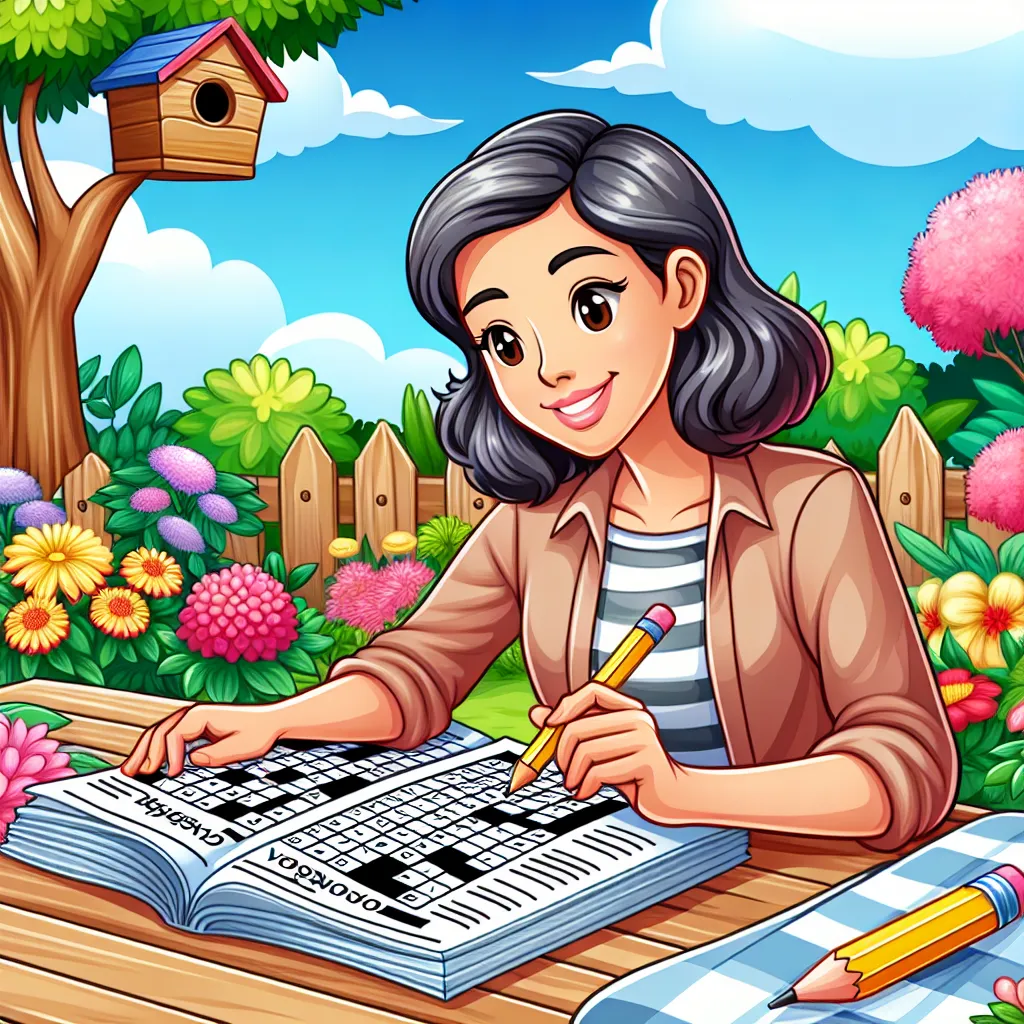 Illustration of a cheerful Hispanic woman engaging in a vocabulary crossword puzzle in her lush garden during a vibrant spring day. She should be sitting at a wooden table with the crossword puzzle in front of her, a pencil in her hand, and a look of concentration on her face. The garden should be filled with a variety of blooming flowers and trees, and a small birdhouse hanging from one of the branches.