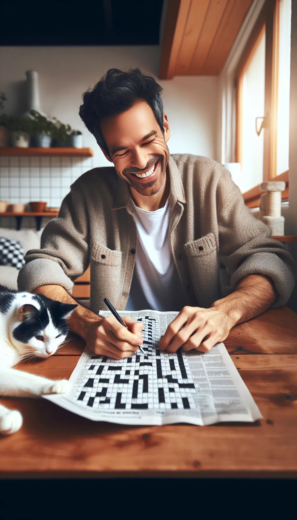 An image of a joyful Caucasian man engaged in solving a crossword puzzle at his home. He is comfortably seated at a table, deeply absorbed in his activity. Sharing the space with him is his faithful companion, a white and black cat, calmly resting next to him. The room around them exudes warmth and cosiness, reflecting a typical home setting.